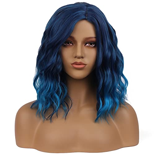 BERON 14" Women Girls Short Curly Wavy Bob Wig Rose Net with Wig Cap (Blue Ombre)
