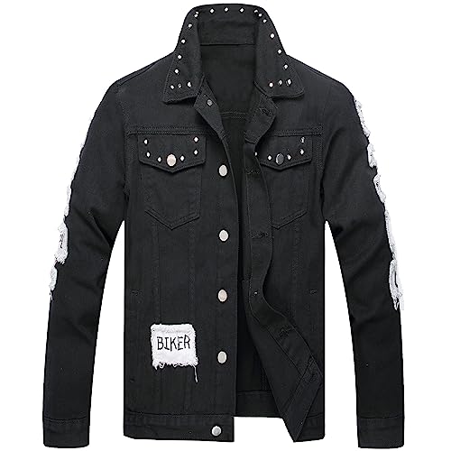 Image of LZLER Men's Denim Jackets Distressed Destroyed Classic Vintage Slim Fit Ripped Fashion Trendy Trucker Jean Jackets