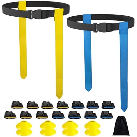 chicarry Flag Football Belt,14 Player Football Flags and Belts Set, Flag Football Set for Youths, Adults(14 Players,Yellow,Blue) Cover