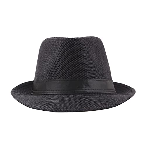 Trilby Linen Hat For Men & Women, Short Brim Fedora Breathable Panama Hats Outdoor Sun Hat Curlystraw Hat Black #TOP1