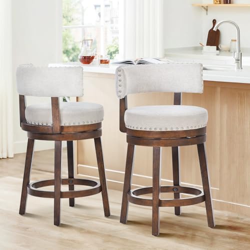 COLAMY Swivel Bar Stools Set of 2, 25 Inch Wood Swivel Barstools with Back, Counter Height Bar Stools, Modern Upholstered Barstools for Kitchen Island Dining Room Bar, Beige