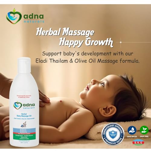Image of Herbal Baby Massage Oil with Eladi Thailam, Olive Oil & Nalpamaradhi | Supports Stronger Bones & Muscles | Dermatologist & Pediatrician Approved | Clinically Tested (200ml)