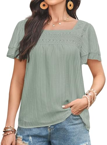 OYOANGLE Women's Plus Size Boho Crochet Lace Top - Short Sleeve V-Neck Summer Blouse