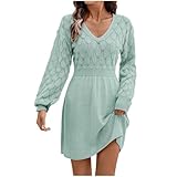 Damen Strickkleid Langarm Pulloverkleid Damen Winter Kurz A Linie Winterkleid Elegant V Ausschnitt Strickkleider Cut Out Kleid Hohe Taille Damenkleider Schicke Kleider Strick Pullikleid Kurze