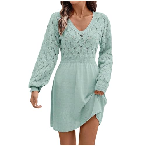 Damen Strickkleid Langarm Pulloverkleid Damen Winter Kurz A Linie Winterkleid Elegant V Ausschnitt Strickkleider Cut Out Kleid Hohe Taille...