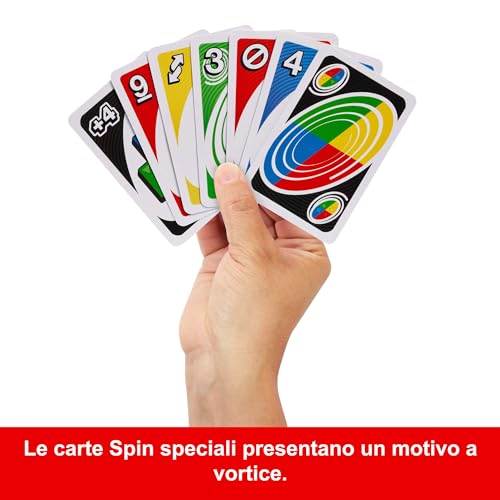 Mattel Games - Uno Spin, Versione Dell'iconico Gioco Con Spinner E Nuove Regole, Carte Speciali Per Girare La Ruota Con Diversi Comandi, Per Serate Di Gioco, 7+ Anni, JGR00 - 3