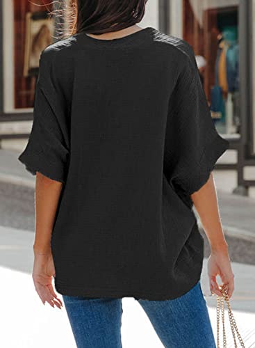 Dokotoo 2023 Fashion Shirts For Women Dressy Solid Spring Summer V Neck Frayed Edges Batwing Half Sleeve Loose Fit Textured Fabrication Blouse Tops Black M #TOP1