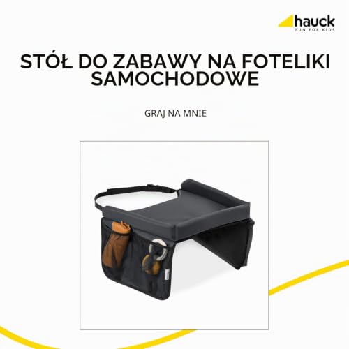 hauck Stolik dziecięcy do foteli samochodowych, grupa 1 Play on Me, stół podróżny z kieszeniami na zamek błyskawiczny i kieszeniami z siatki na zabawki, książki i przekąski, miękka nakładka (szary)