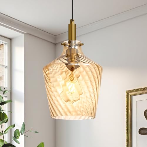 Image of Stripes Amber Glass Pendant Light for Kitchen Island Gold 8 Inch 1 Pack