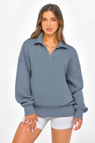 PRETTYGARDEN Womens Half Zip Oversized Sweatshirts Fleece Hoodies 2026 Trendy Long Sleeve Pullover Tops Y2k Fall Spring Outfits (Grey Blue,S) — view 3