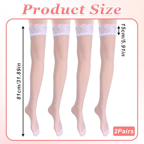 2 Pairs Women's Lace Top Thigh High Sheer Stockings Women's High Sheer Knee Highs Socks with Lace Decorations Sock - White2