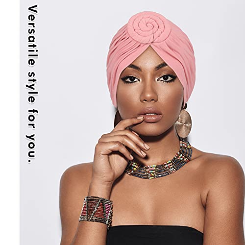 4 Pieces African Pattern Headwrap Pre-Tied Bonnet Turban Knot Beanie Cap Headwrap Hat (Green, Yellow, Blue, Camel)
