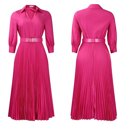 Image of Famnbro Womens Pleated Dress V Neck Long Sleeve A line Church Formal Works Business Dresses with Belt