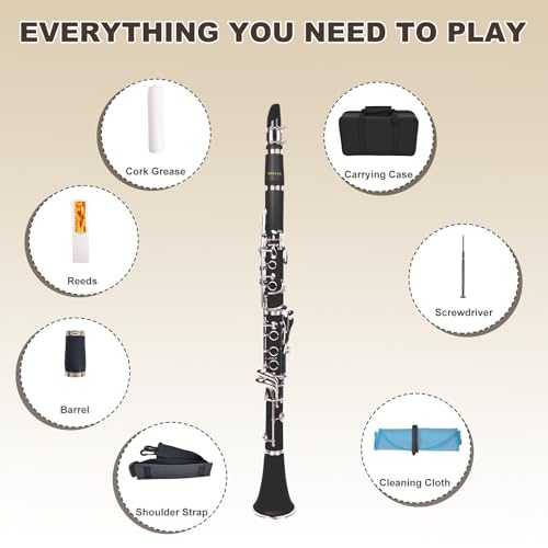 INEFFA Bb Clarinet for Beginners, Professional Black Wood Clarinet with Hard Case, Cleaning Cloth, Cork Grease, and Fingering Chart, Reeds, for Students & Adults (Bakelite) - Thumbnail 2