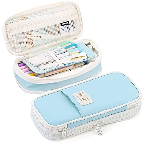 MAMUNU Estojo de lápis expansível com compartimentos, estojo de lápis de grande capacidade, bolsa de escritório, escola, estojo portátil grande organizador de papelaria escolar, bolsa de cosméticos de maquiagem, azul