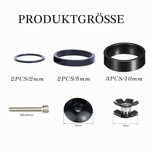 Fahrrad Lenker Spacer Set Fahrrad Vorbau Spacer 10Stück, Fahrrad-Steuersatz-Abstandshalter 1 1/8 Mit Steuersatzkappe Ahead Gabel kralle MTB Headset Spacer 2mm/ 5mm / 10mm für Rennrad 10Stück