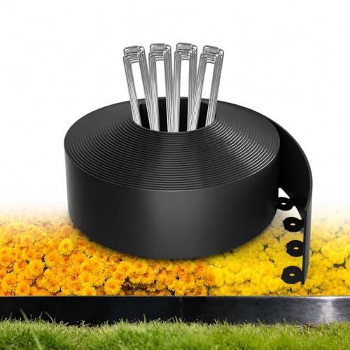 MIXC Garden Edging Border, 100FT 4 Inch Tall Plastic Landscape Edging with 150 U-Shaped Metal Stakes, More Stable and Flexible Tool-Free Lawn Border for Yard, Flower Bed & Landscaping