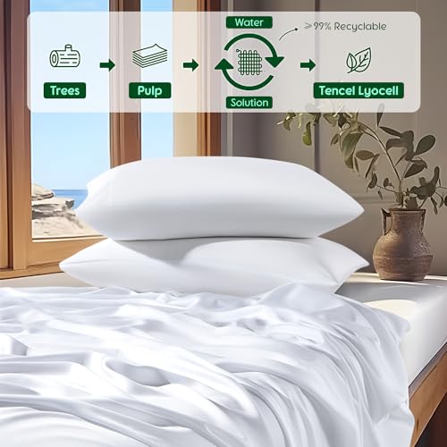 SONORO KATE Tencel Sheets, 100% Eucalyptus Lyocel Sheet Set, Soft Breathable & Cooling Sheets for Hot Sleepers, Silk Smooth Bed Sheets, 16\" Deep Pocket - 4 Piece(White,Queen)