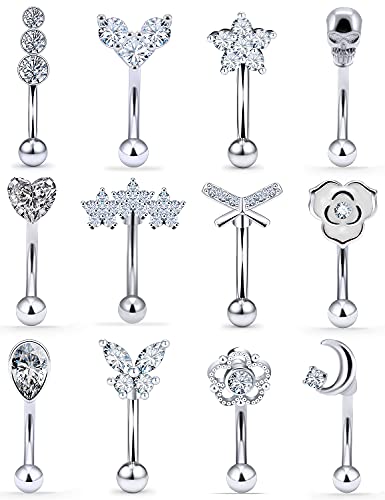 Vsnnsns 16G Rook Daith Piercing Jewelry Stainless Steel 8Mm Curved Barbell Eyebrow Rings Helix Tragus Belly Lip Rings Cz Piercing Jewelry Cartilage Daith Rook Earrings For Women Men 12Pcs Silve #TOP18