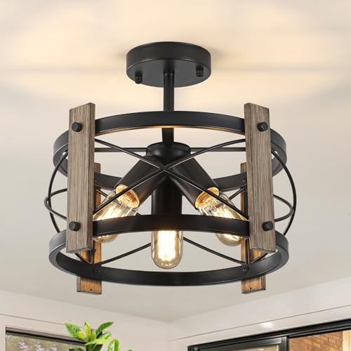 Image of KEESFU Farmhouse Light Fixture 3-Light Kitchen Lighting Fixtures Ceiling Mount,Rustic Ceiling Light Black Metal,Farmhouse Ceiling Light for Dining Room Hallway Bedroom Entryway.