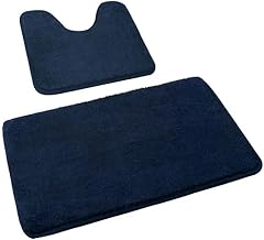 2-Piece Bathroom Rug Set, Soft Microfibre Bathroom Mat and Toilet Rug with Cut-Out, Non-Slip Bath Mat, Washable, Navy Blue, 50 x 80 cm + 50 x 40 cm