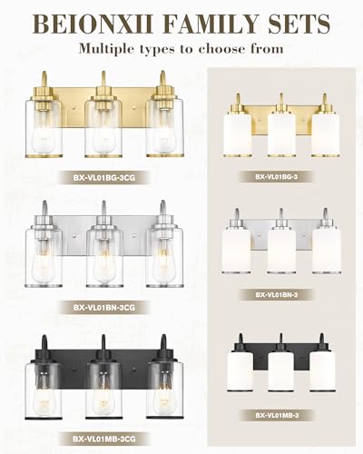 Image of Beionxii 3 Light Matte Black Vanity Light, Bathroom Light Fixtures with Clear Glass Shade, Bathroom Lighting Fixtures Over Mirror, Black Wall Lights for Mirror Living Room, BX-VL01MB-3CG