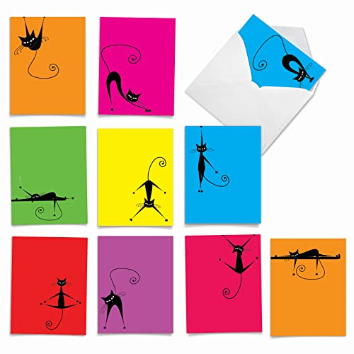 The Best Card Company - 10 All Occasion Blank Cat Cards (4 x 5.12 Inch) - Cute Assorted Bulk Card Set - YoCats M3962