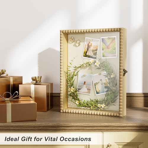 Love-KANKEI Shadow Box Frame 11x14, Deep Large Shadow Box Display Case with Unique Beads Door and Glass Window, Wood Memory Box for Pictures,Medals,Memorabilia,Collections Natural