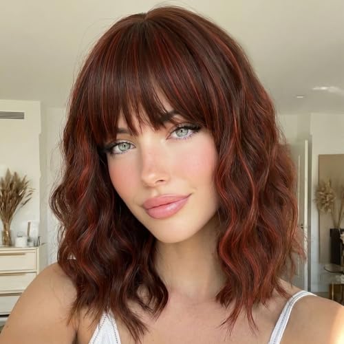 Image of AISI HAIR Wig with Bangs for Women Synthetic Heat Resistant Wigs (copper highlight dark auburn)