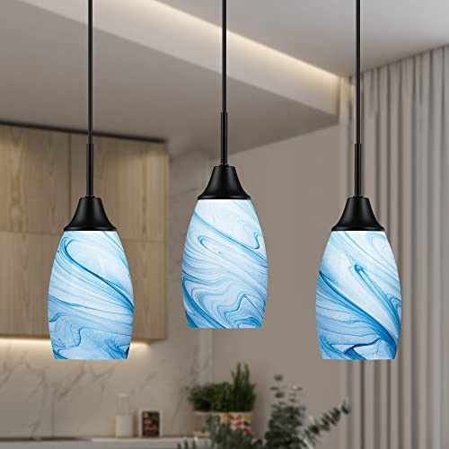 Image of Viinew Mini Glass Pendant Light,3-Pack Blue Marble Glass Pendant Lights