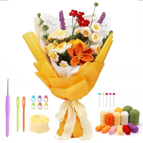 WIGUROE Kit de ganchillo de ramo, kit de ganchillo para principiantes con tutorial en video paso a paso, kit de ganchillo de flores para adultos y niños