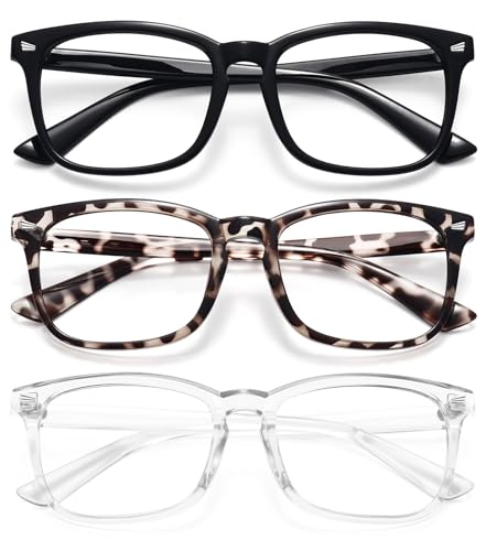 WOWSUN - WOWSUN Unisex Stylish Nerd Non-prescription Glasses, Clear Lens Eyeglasses Frames, Fake Glasses, 3 Pack: Bright Black+clear+grey Leopard, Medium