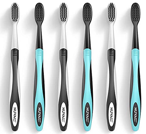 Nuva Dent Ultra Soft Charcoal Toothbrush - Gentle, Slim Brush Head, Medium Tip - Clean Plaque, Whiten Teeth - Works Well W/Activated Charcoal Toothpaste Or Teeth Whitening Products, 6 Pack #TOP5