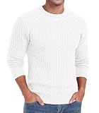 Askdeer Men's Crewneck Pullover Sweater Waffle Long Sleeve Casual Sweater Soft Knit Waffle Texture Sweater Ribbing Edge White