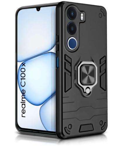 Image of WOW IMAGINE Shock Proof Back Case Mobile Cover for Realme C100x | Back Cover Case (Tough Armor | Hybrid PC + TPU | Ring Holder & in-Built Kickstand | Black)