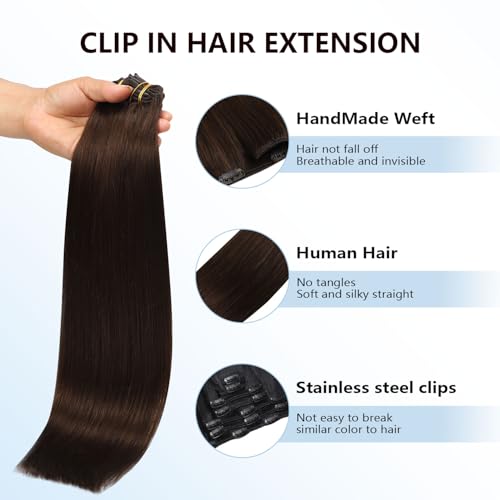 Image of COOKAYU Clip in Hair Extensions Real Human Hair, Real Hair Extensions Clip in Human Hair Medium Brown Straight Hair 16inch 120g 7Pcs
