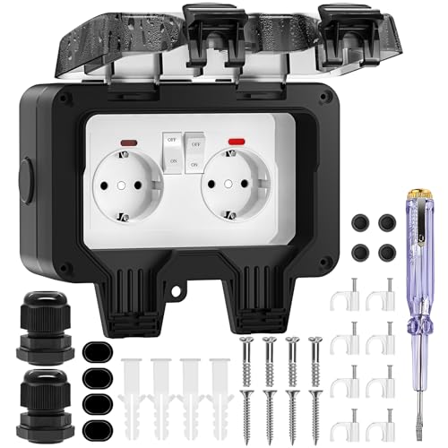 Außensteckdose Steckdose IP66 Wasserdicht Steckdose mit Schalter Kontrollleuchte, Wandsteckdose Feuchtraum Aufputz Schutzkontakt Gartensteckdose Staubdicht Wetterfest Outdoor Steckdose mit Klappdeckel