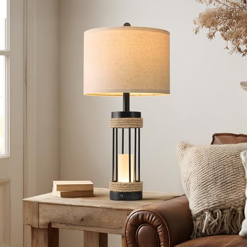 Image of OYEARS 25 inch Table Lamps Set of 2 with Night Light, Rustic Bedside Lamps with USB C+A Charging Ports, Black Metal Lamp with Rope Accent and Frosted Glass, Farmhouse Lamps for Living Room Bedroom