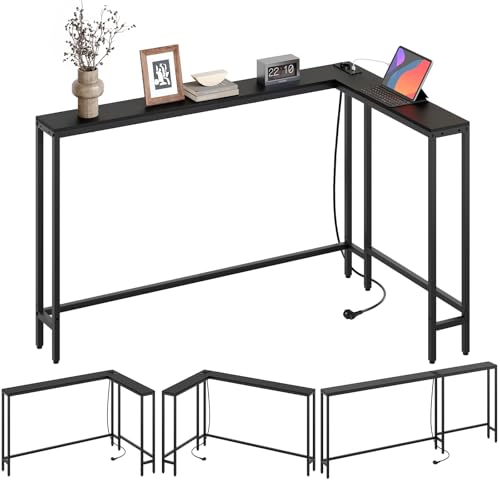 YATINEY Schmaler Konsolentisch, Eingangstisch, 15 cm breit Flurtisch, 2 Steckdosen und 2 USB-Anschlüsse, für Wohnzimmer, Flur, hinter dem Sofa, 3 Kombinationsmodi, Schwarz XCT07CBB