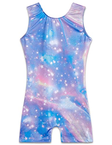 TENVDA Gymnastics Leotards for Girls Size 4t 5t Sleeveless Biketard with Shorts Sparkly Blue Stars Print Kids Unitard