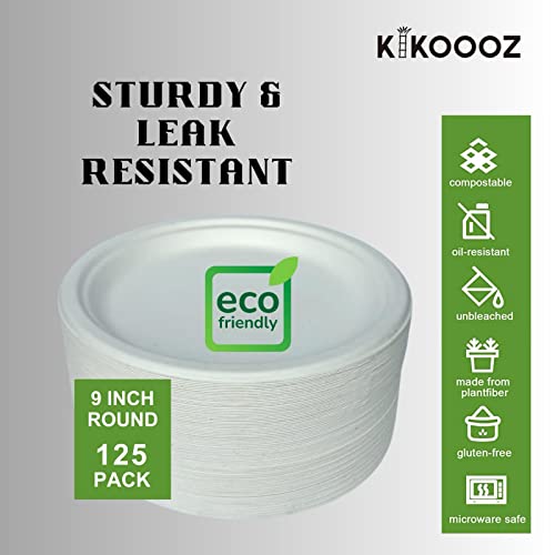 Kikoooz 100% Compostable Heavy-Duty 9 Inch (125 Pack) Disposable White Paper Plates (Bagasse) Made Of Natural Sugarcane Fibers Eco-Friendly #TOP6