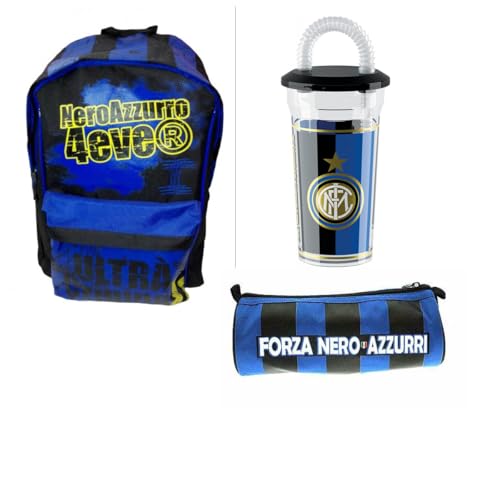 Inter Kit Escolar, Set Mochila Negro Azul 4ever Estuche Cilíndrico, Botella con Pajita, Producto Oficial, multicolor