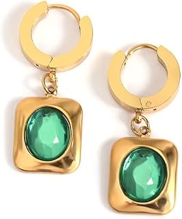 Pendiente de aro de piedra verde chapado en for mujer, joyería clásica