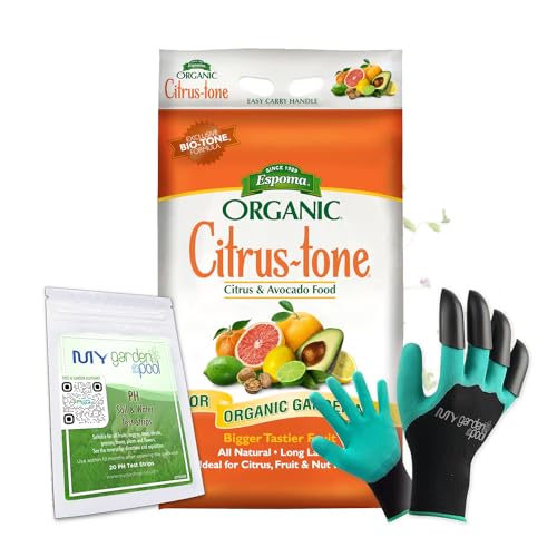Espoma CT18 Citrus-Tone 5-2-6; 18 lb. Bag with My Garden Pool PH Soil Test Strips 20 ct, and My Garden Pool Superior Gardening Claw Gloves and Garden-IQ, Smart Gardening AI Assistant!