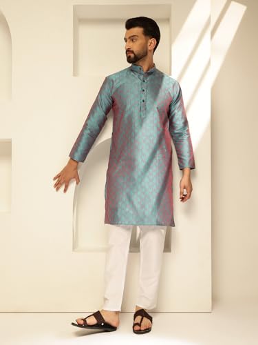 Image of SOJANYA (Since 1958 Men's Jacquard Silk Contrast Red Thread Woven Design Kurta With Pyjama