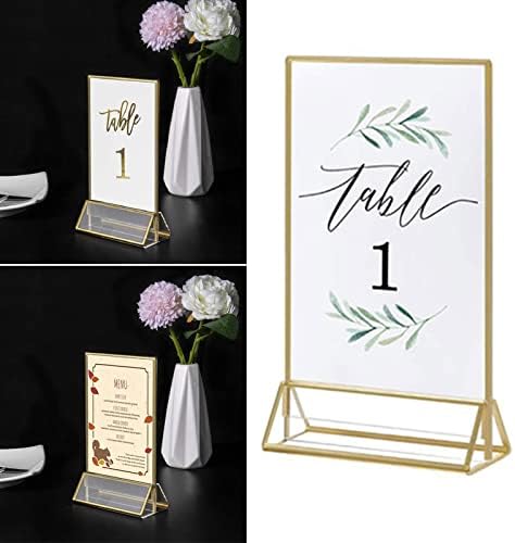 6Pack Acrylic Gold Sign Holders, (4 x 7.4inch) Upright Double Sided and Vertical Stand Table Menu Holders, Clear Picture Frame for Wedding Table Numbers, Banquet, Restaurant Signs Display