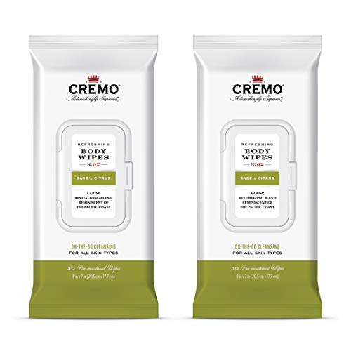 Cremo Refreshing Sage & Citrus Body Wipes, A Revitalizing Combination of Bright Mandarin, Dry Herbs and White cedar, 60 Count