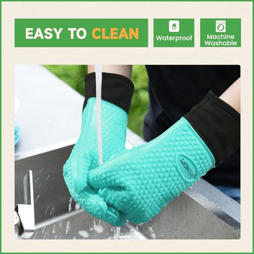 Image of GEEKHOM BBQ Gloves Heat Resistant Oven Mitts - Silicone Grilling Gloves with 13.7 inch Arm Protection - Waterproof Pot Holder Non-Slip for Men & Women, Kitchen Outdoor Cooking, Baking, Camping, Turquoise