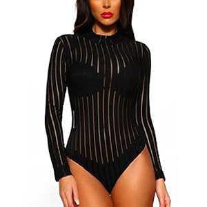 Geschenken Lange Mouw Hoge Hals Zwarte Bodysuits Vrouw Casual Lente Vrouwelijke Coltrui Perspectief Sheer Gestreepte Body Top Kleding (Color : Schwarz, Size : S code)