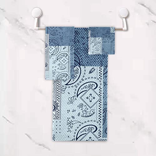 Kigai Denim Patchwork Paisley Bath Towel Set Of 3(1 Bath Towel, 1 Hand Towel, 1 Washcloth), Soft Absorbent Comfortable Quick Dry For Bathroom Shower Travel Hotel Gym #TOP4